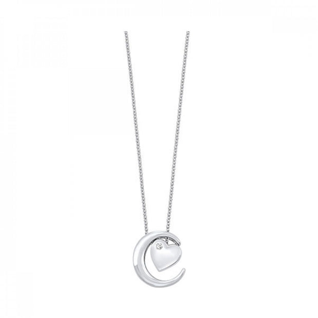Sterling Silver Diamond Heart in Moon Necklace