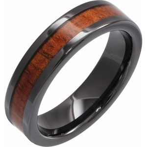 Black Ceramic Flat Band with KOA Wood Inlay Size 10