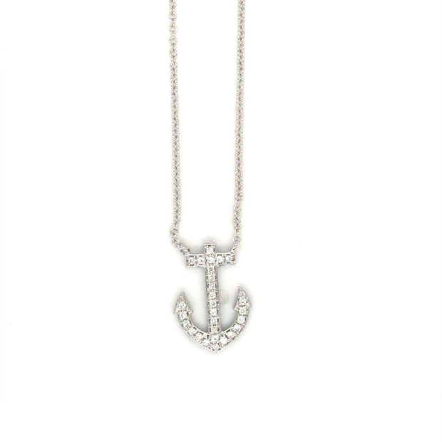 14k White Gold Diamond Anchor Pendant