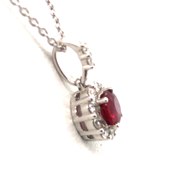 14k White Gold Ruby and Diamond Halo Pendant