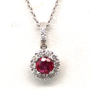 14k White Gold Ruby and Diamond Halo Pendant