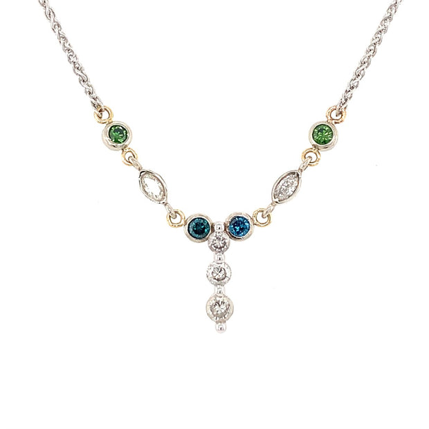 14k White and Yellow Gold Diamond Necklace with Blue, Green and White Diamonds