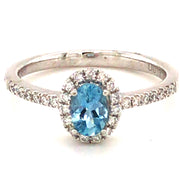 14k White Gold Oval Aquamarine and Diamond Halo Ring