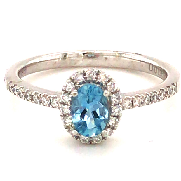 14k White Gold Oval Aquamarine and Diamond Halo Ring