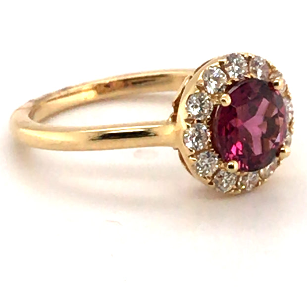 14k Yellow Gold Round Rhodolite Garnet and Diamond Halo Ring