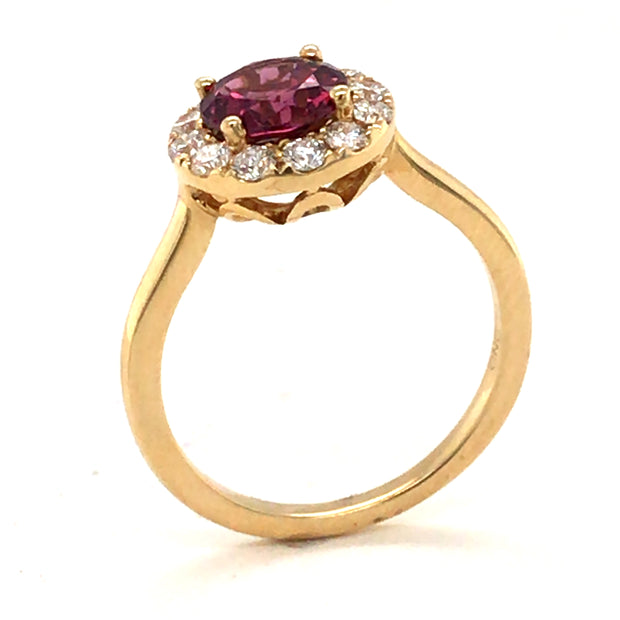 14k Yellow Gold Round Rhodolite Garnet and Diamond Halo Ring