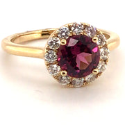 14k Yellow Gold Round Rhodolite Garnet and Diamond Halo Ring