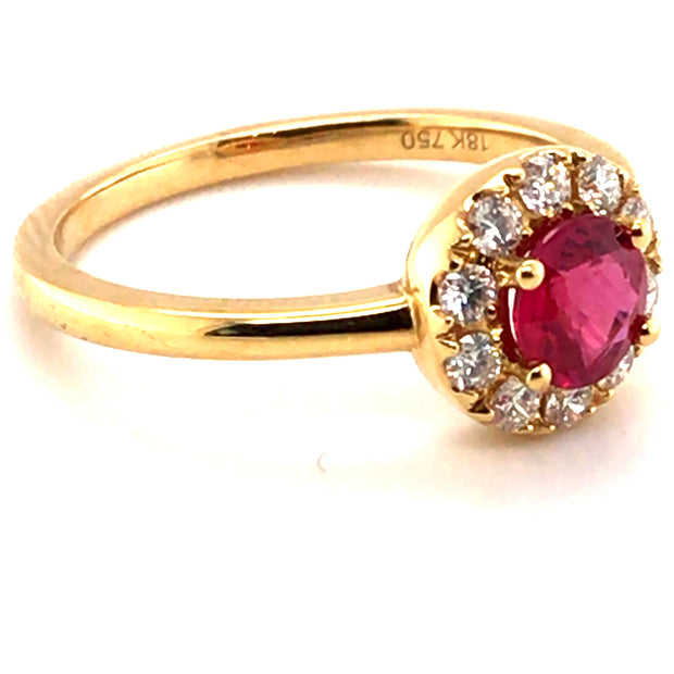 18K Yellow Gold Round Ruby and Diamond Halo Ring