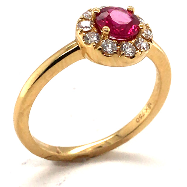 18K Yellow Gold Round Ruby and Diamond Halo Ring
