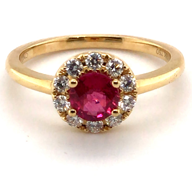 18K Yellow Gold Round Ruby and Diamond Halo Ring