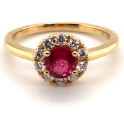 18K Yellow Gold Round Ruby and Diamond Halo Ring