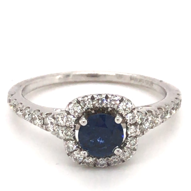 14k White Gold Round Sapphire and Diamond Halo Ring