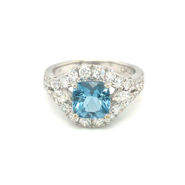 18k White Gold 1.36 ct Cushion Aquamarine and Diamond Halo Ring