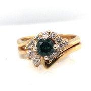 14k Yellow Gold Round Teal Sapphire and Diamond Ring
