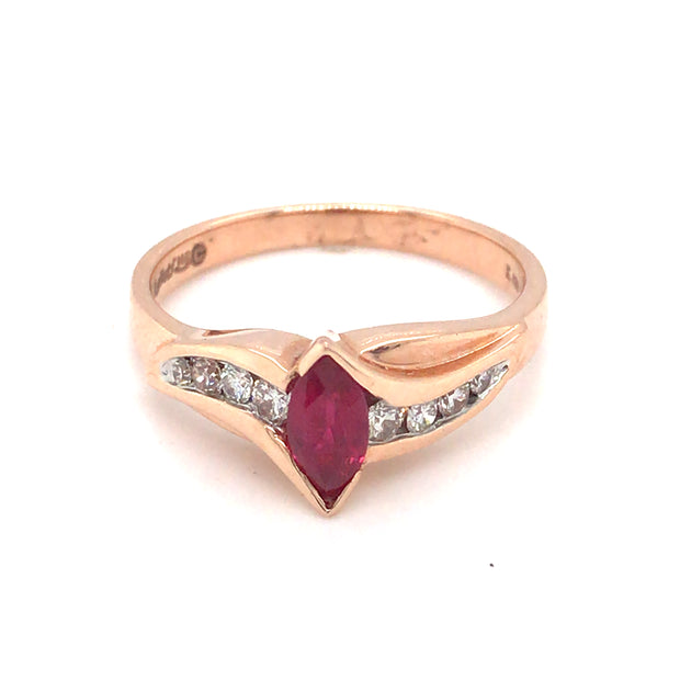 14k Rose Gold Marquise Ruby and Diamond Ring