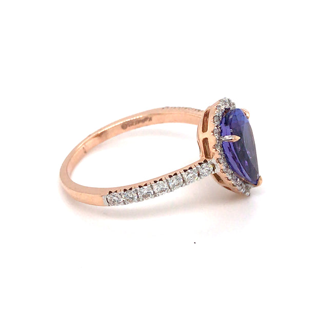 14k Rose Gold 2.07ct Pear Tanzanite and Diamond Halo Ring