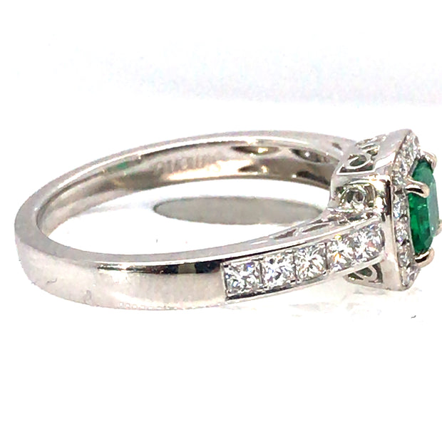 18k White Gold Cushion Emerald and Diamond Halo Ring