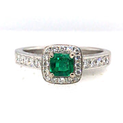 18k White Gold Cushion Emerald and Diamond Halo Ring