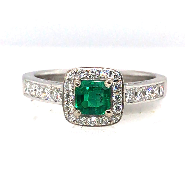 18k White Gold Cushion Emerald and Diamond Halo Ring