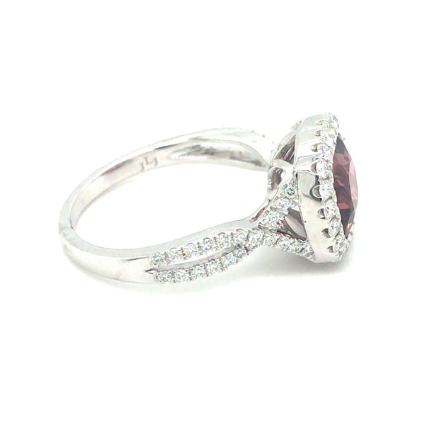 14k White Gold Cushion Pink Tourmaline and Diamond Halo Ring