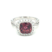 14k White Gold Cushion Pink Tourmaline and Diamond Halo Ring