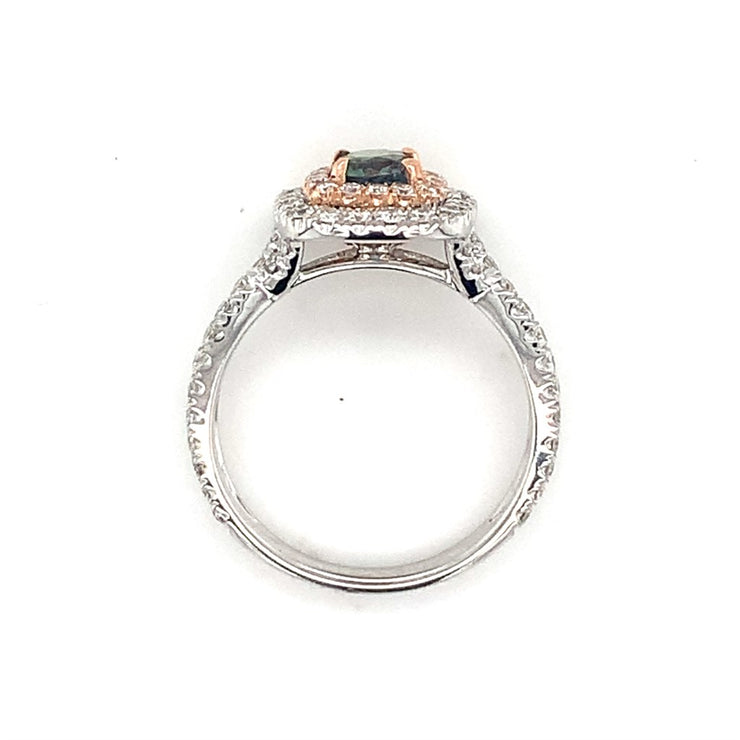 14k White and Rose Gold Cushion Alexanderite and Diamond Double Halo Ring