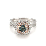 14k White and Rose Gold Cushion Alexanderite and Diamond Double Halo Ring