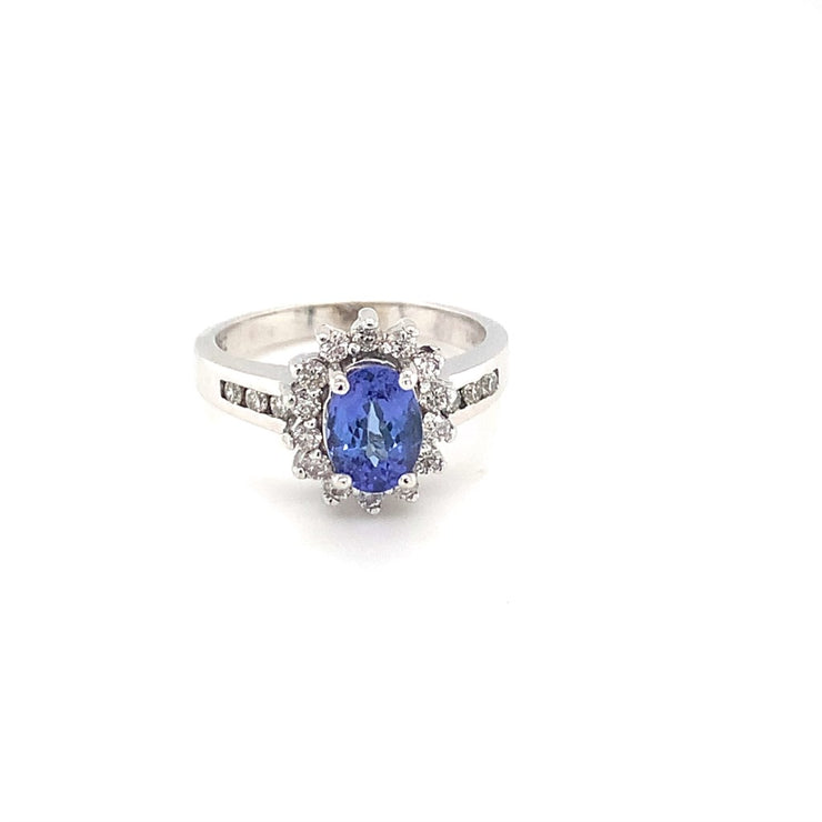 14k White Gold Oval Tanzanite and Diamond Halo Ring