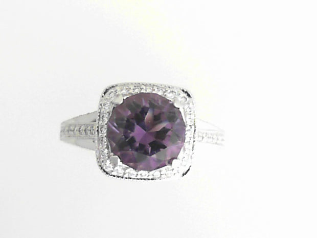 14K White Gold Halo Amethyst Ring  with 0.50Tw Round Accent Diamonds