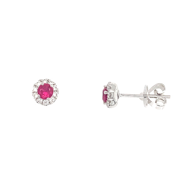 14k White Gold Ruby and Diamond Halo Stud Earrings