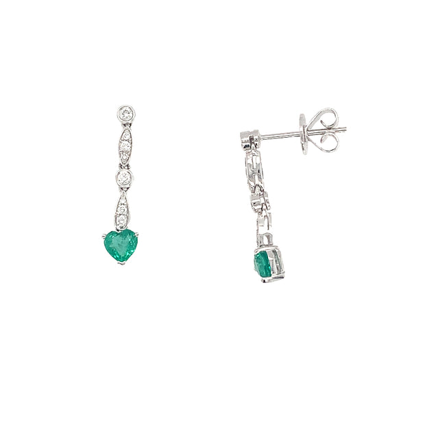 14k White Gold Heart Emerald and Diamond Dangle Earrings