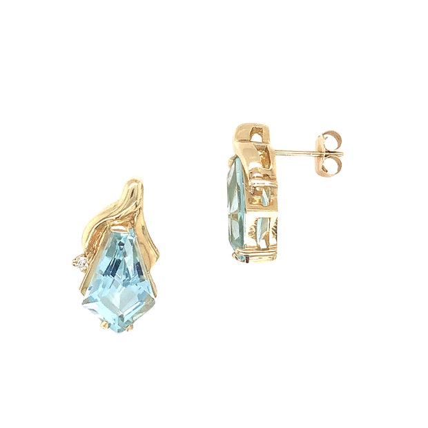 14k Yellow Gold Sheild Blue Topaz and Diamond Earrings
