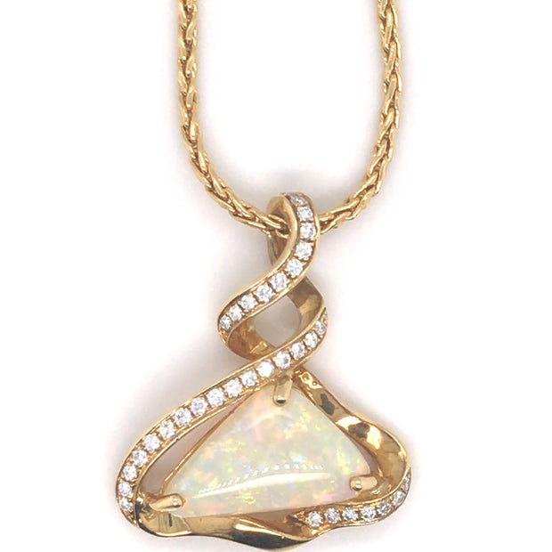 18k Yellow Gold 1.94ct White Opal and Diamond Pendant