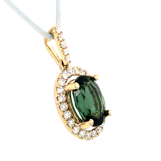 14k White Gold Oval Green Tourmaline and Diamond Halo Pendant