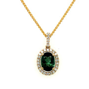 14k White Gold Oval Green Tourmaline and Diamond Halo Pendant