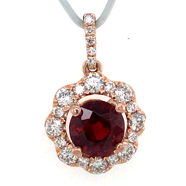 14k Rose Gold 1ct Round Red Spinel and Diamond Pendant