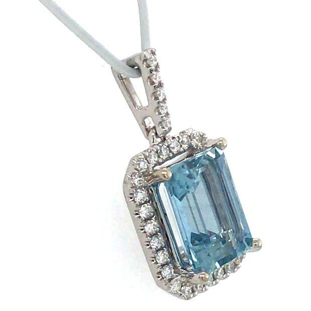 14k White Gold 2.08ct Emerald Aquamarine and Diamond Halo Pendant