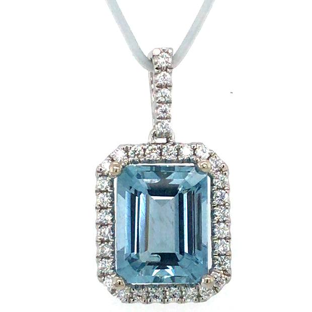 14k White Gold 2.08ct Emerald Aquamarine and Diamond Halo Pendant