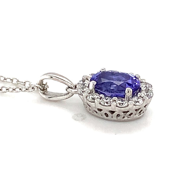 14k White Gold Tanzanite and Diamond Halo Necklace