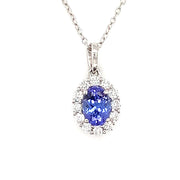 14k White Gold Tanzanite and Diamond Halo Necklace