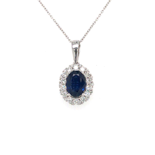 14k White Gold 1.40ct Sapphire and Diamond Halo Necklace