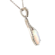 14k White Gold Pear Australian White Opal and Diamond Pendant