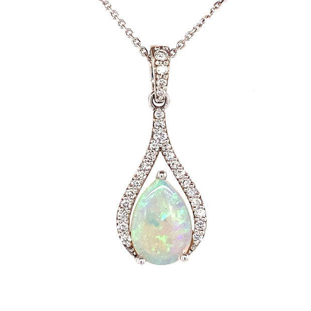 14k White Gold Pear Australian White Opal and Diamond Pendant