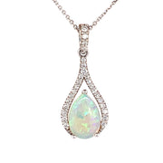 14k White Gold Pear Australian White Opal and Diamond Pendant