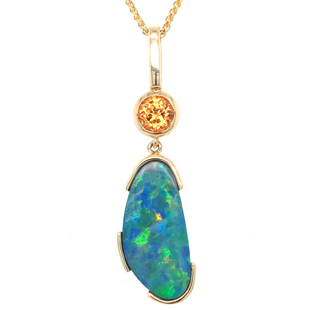 14k Yellow Gold Black Australian Opal Doublet and Mandarin Garnet Pendant