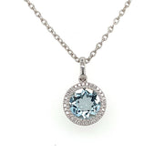 14k wg Aquamarine Pendant with Diamond Halo, includes chain