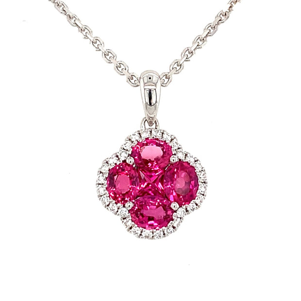 14k wg Natural Ruby & Diamond Halo Pendant, with chain