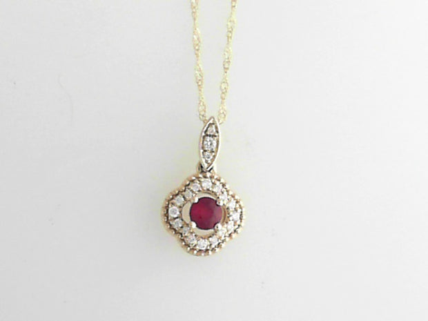 14 Karat Yellow Gold Ruby 0.17ct Diamond Halo Pendant