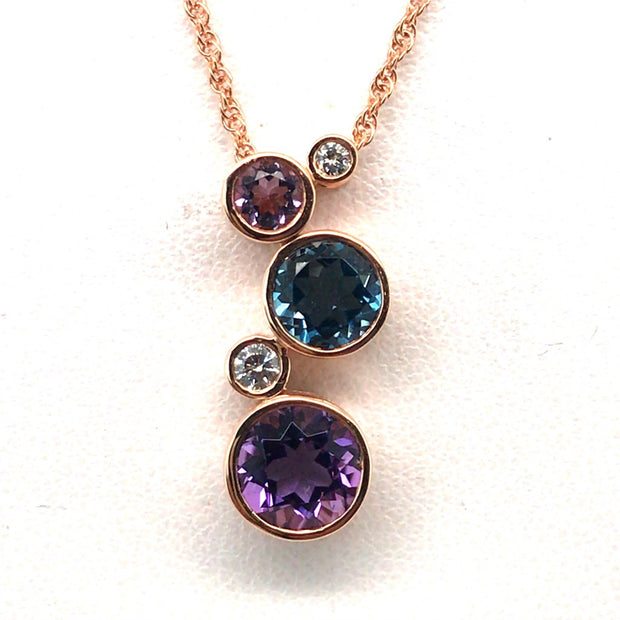 14k Rose Gold Amethyst, Blue Topaz and Diamond Necklace