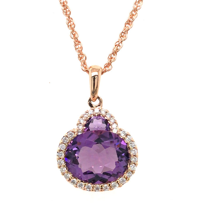 14K Rose Gold Amethyst and Diamond Halo Necklace